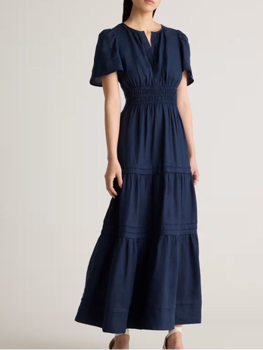 Size Large Quince 100% European Linen Tiered Maxi Dress deep navy